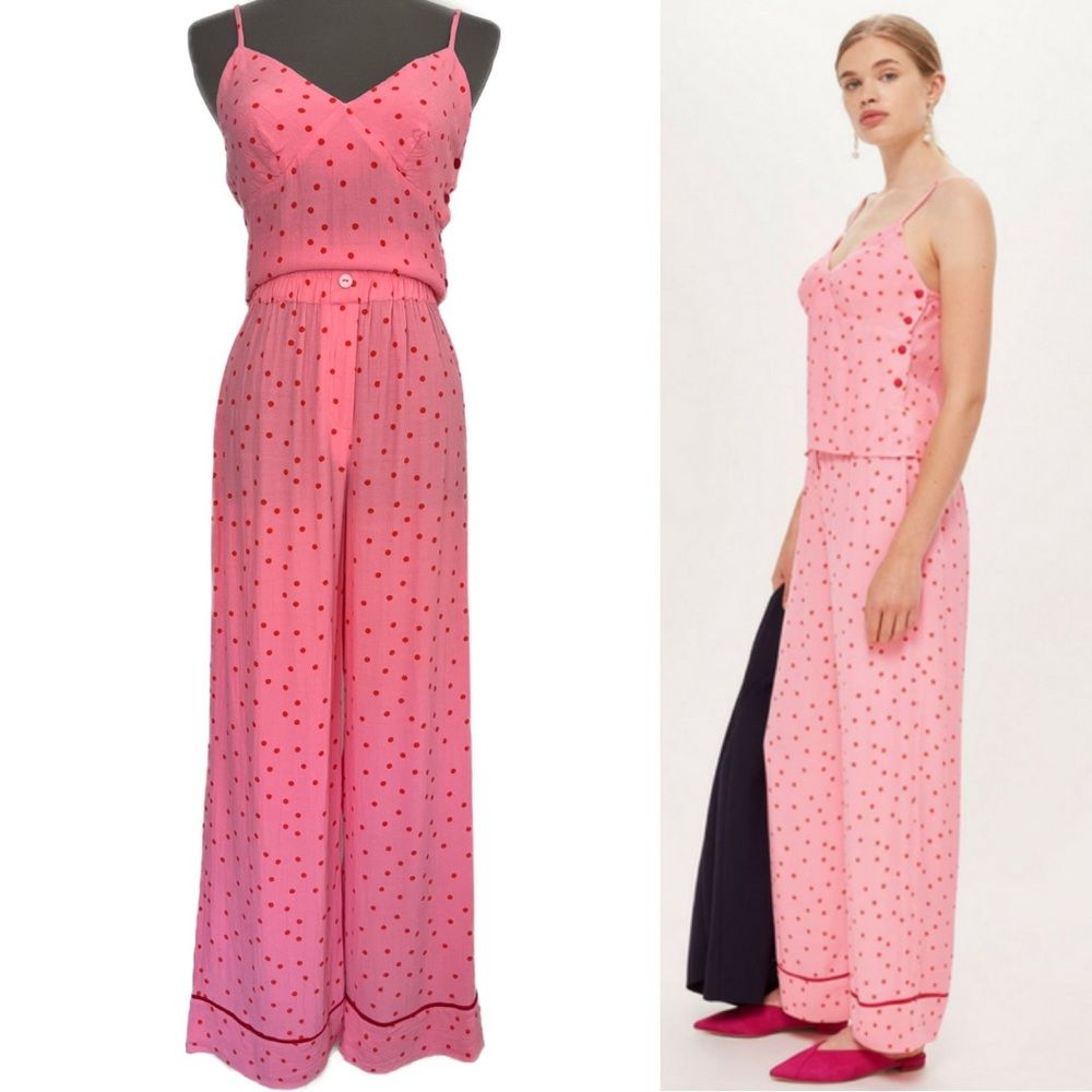 Topshop Cami Top & Wide Leg Bottom Loungewear Pant Set In Pink Dot Xs